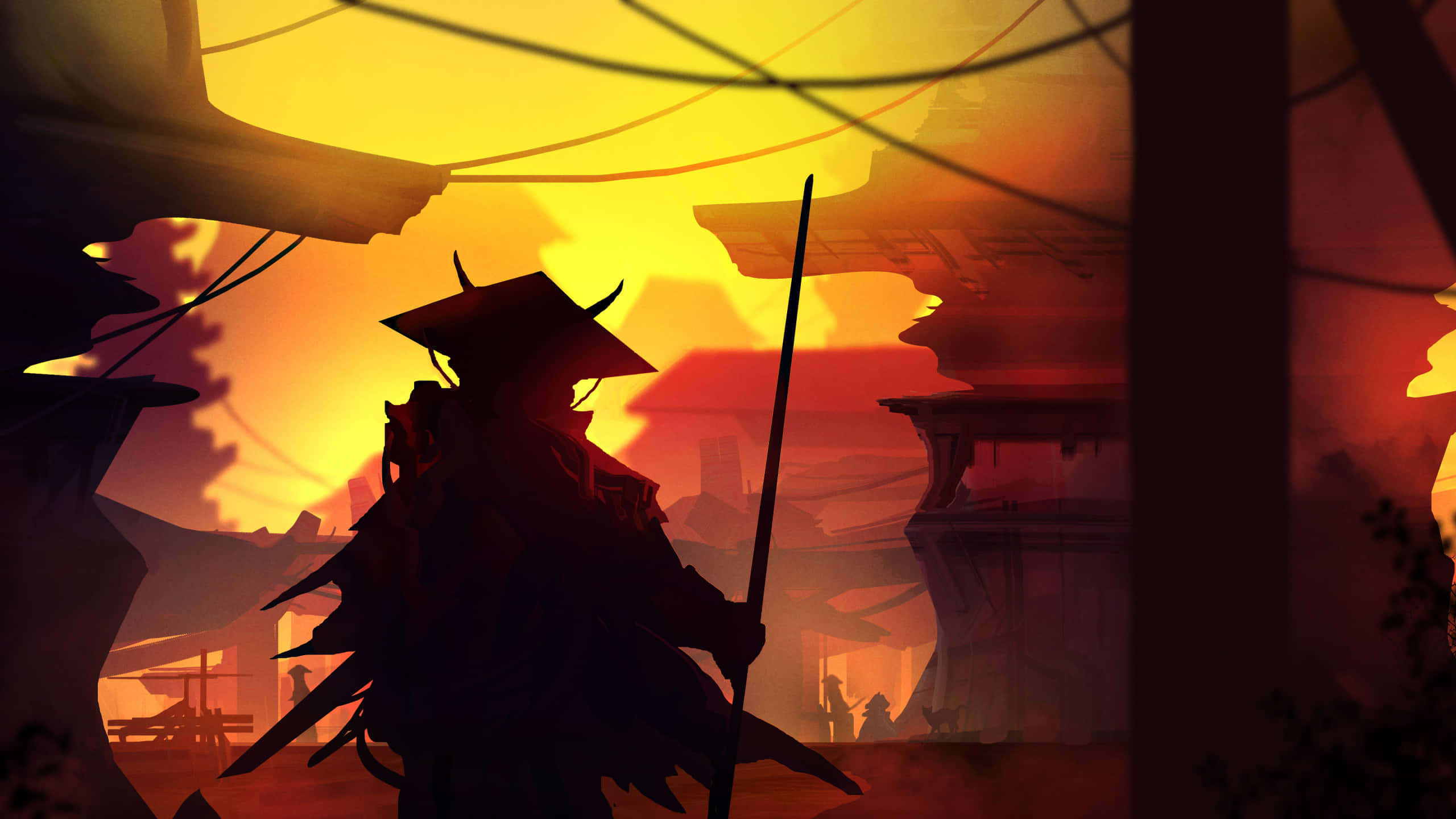 Samurai Landscape 桌布 壁紙 — 一個手持長杖的武士剪影，站在廢墟寺廟前，背景是發光的橙色日落。
