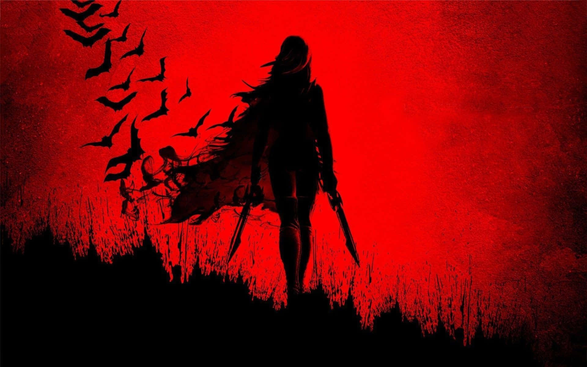 Bats 桌布 壁紙 — 一個手持雙刃的女戰士的黑暗剪影，站在血紅色紋理的天空下，蝙蝠在她周圍成群飛舞。