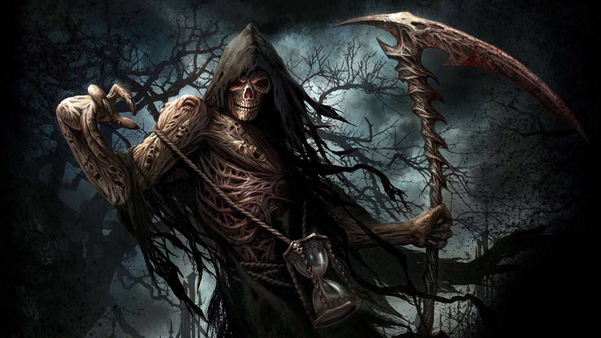 reaper 桌布 壁紙 — 一個手持骷髏手和帶刺鐮刀的死神，在黑暗風暴的天空和扭曲的樹木背景下威嚴地站立。