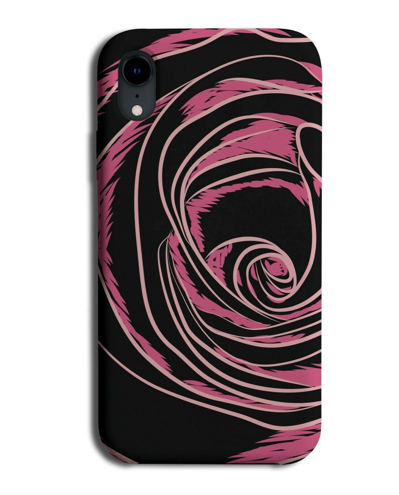 iPhone 桌布 壁紙 — 一個手機殼，在黑色背景上帶有醒目的粉紅色和黑色漩渦螺旋圖案。