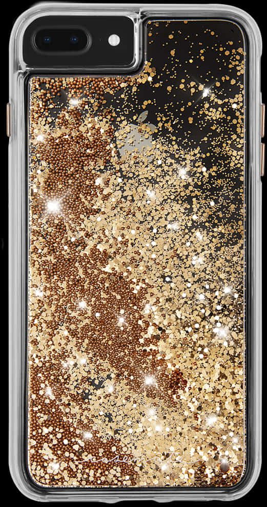 Gold Glitter 桌布 壁紙 — 一個手機殼，裡面充滿了懸浮在透明液體中的旋轉金色和白色亮粉顆粒。