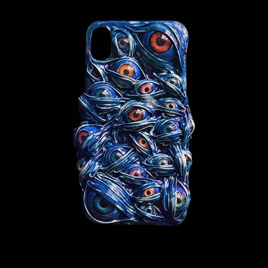 Gothic Phone 桌布 壁紙 — 一個手機殼，覆蓋著旋轉的藍色捲鬚和數十隻帶有橙色虹膜的凝視眼睛，背景為黑色。