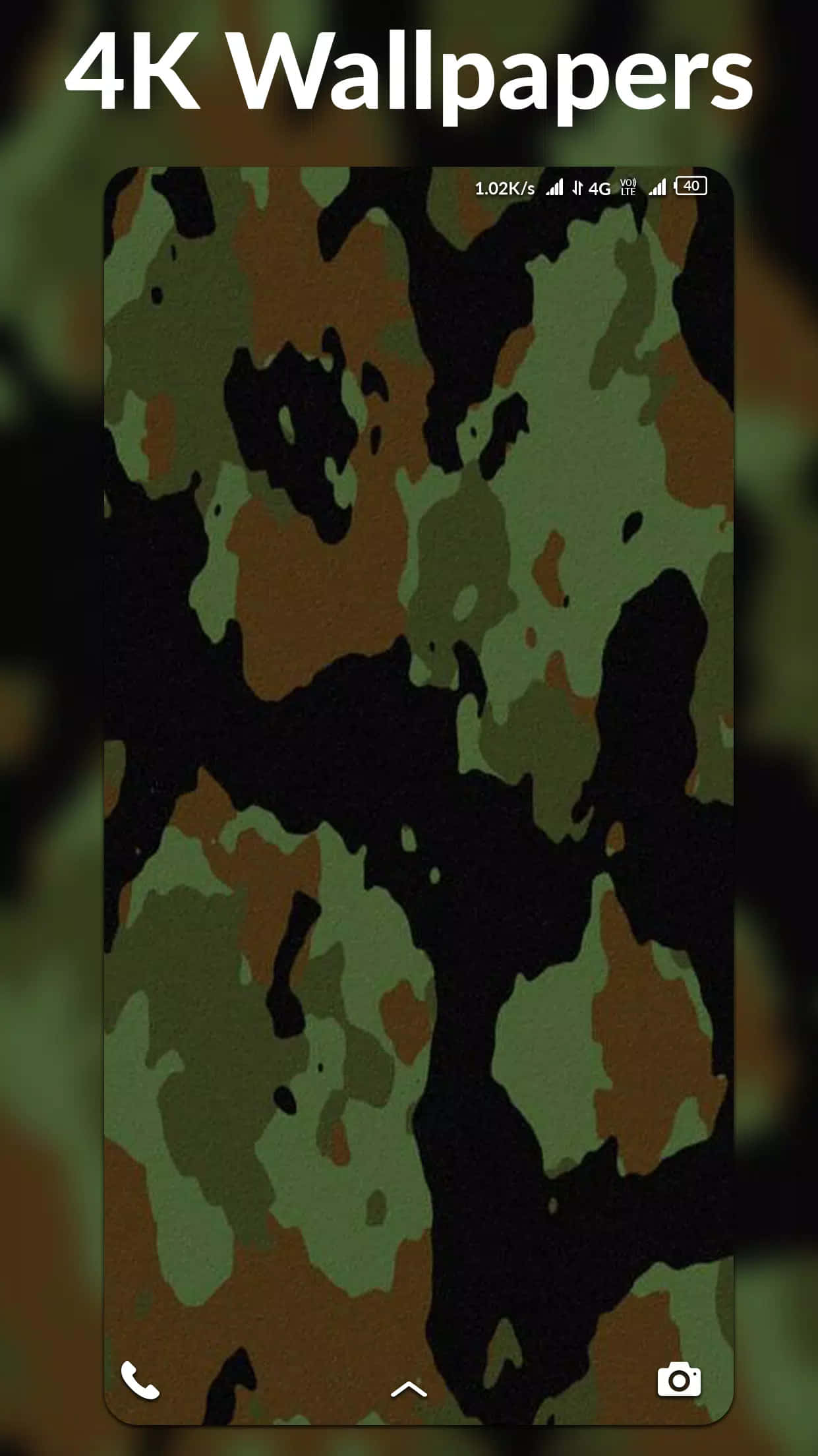 4K Military 桌布 壁紙 — 一個手機螢幕顯示帶有綠色、棕色和黑色斑點的軍事迷彩圖案。