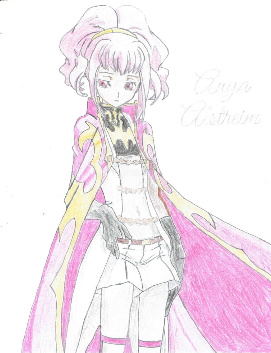Anya Alstreim 桌布 壁紙 — 一個手繪動漫女孩，粉紅色頭髮，披著飄逸的粉黃色斗篷，站立在精細的鉛筆和彩色鉛筆素描中。