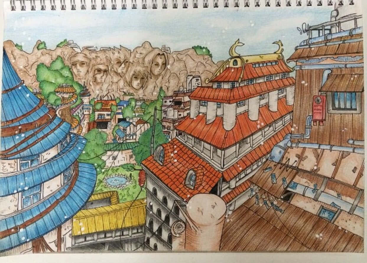 Naruto Village 桌布 壁紙 — 一個手繪動漫風格村莊，坐落在山谷中，雪花飄落在傳統建築和懸崖上雕刻的巨大面孔上。