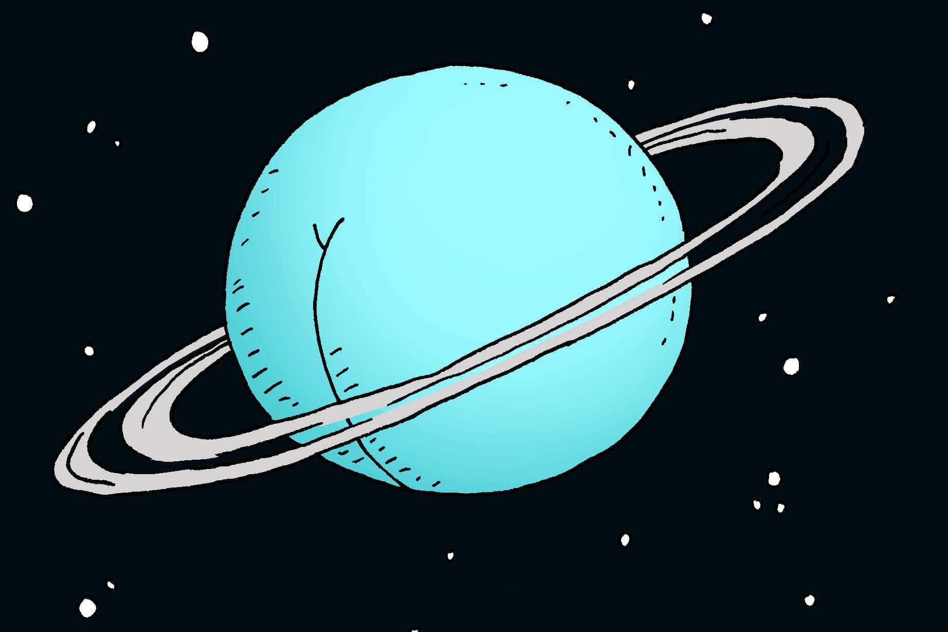 Uranus 桌布 壁紙 — 一個手繪卡通星球，表面淺藍色，帶有灰色環，漂浮在繁星點點的黑色太空中。