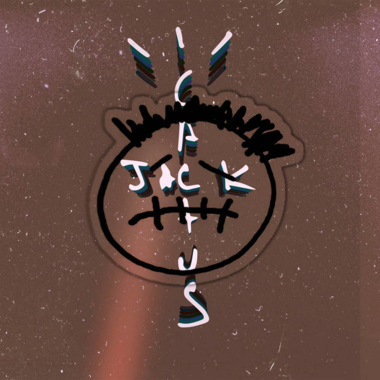 風格化卡通臉，有縫合嘴巴和 'JACK US' 文字，背景是帶紋理的棕色。 — 棕色美學 壁紙