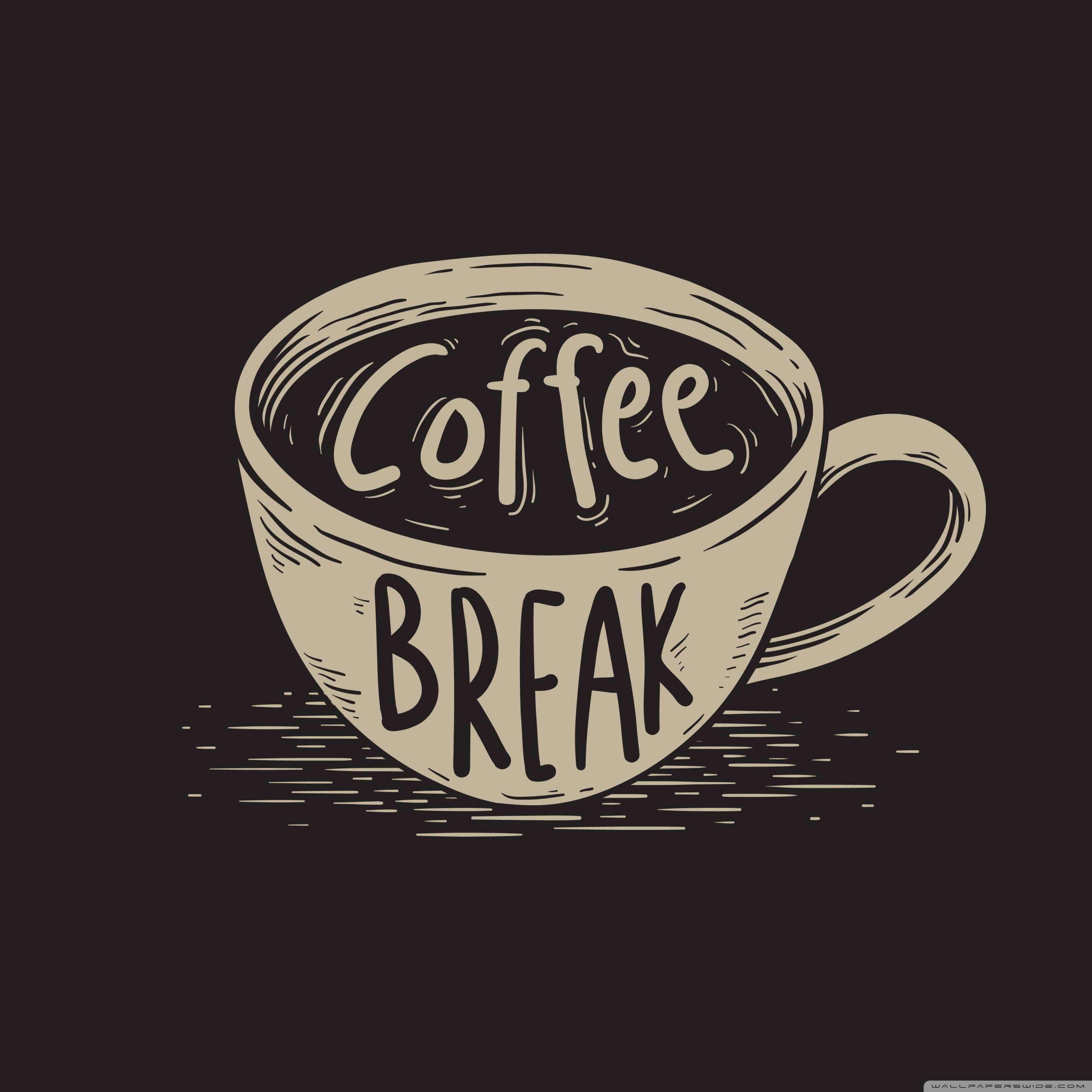 咖啡動圖 桌布 壁紙 — 一個手繪咖啡杯插圖，內部及側面帶有 'Coffee BREAK' 文字，背景為深色。