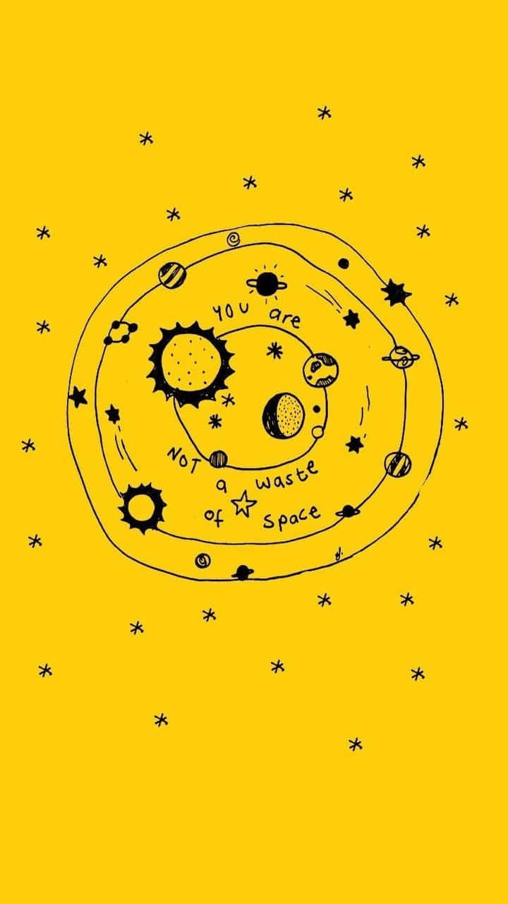 桌布 壁紙 — 一個手繪太陽系，行星和星星在明亮的黃色背景上，並帶有 'you are not a waste of space' 的字句。