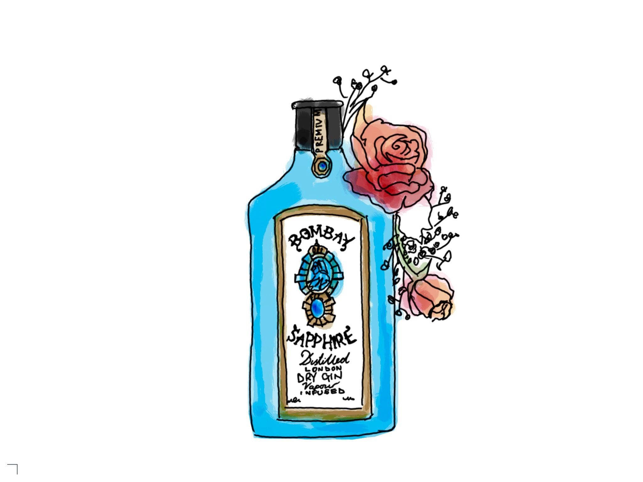 Wine 桌布 壁紙 — 一個手繪插圖，描繪一個藍色 Bombay Sapphire 琴酒瓶，飾有粉紅玫瑰和精緻的藤蔓。