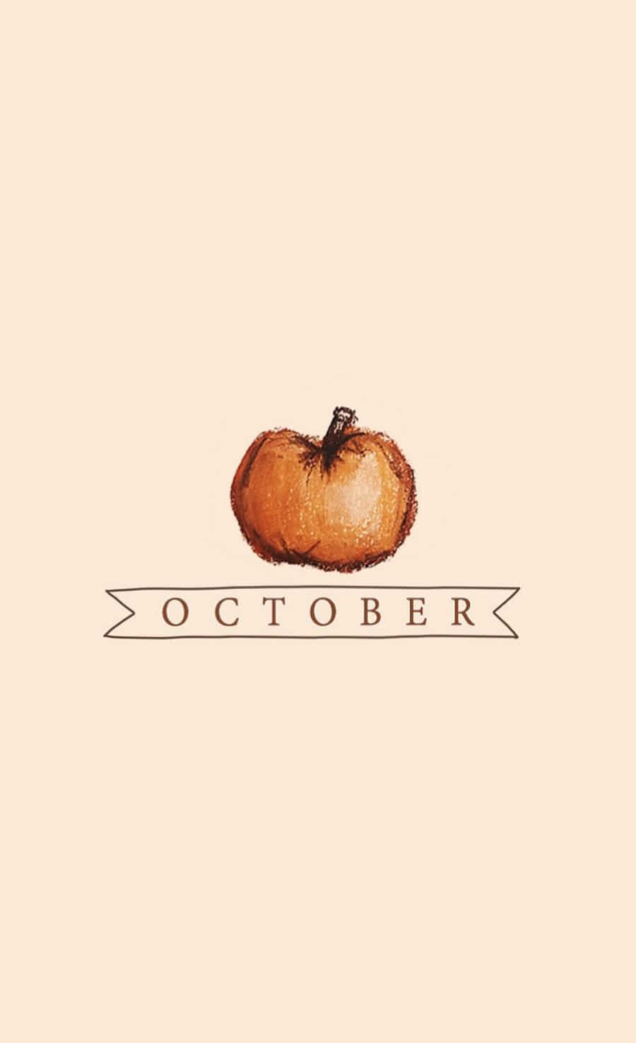 南瓜 桌布 壁紙 — 一個手繪水彩南瓜位於寫有「October」的橫幅上方，背景為柔和米色。