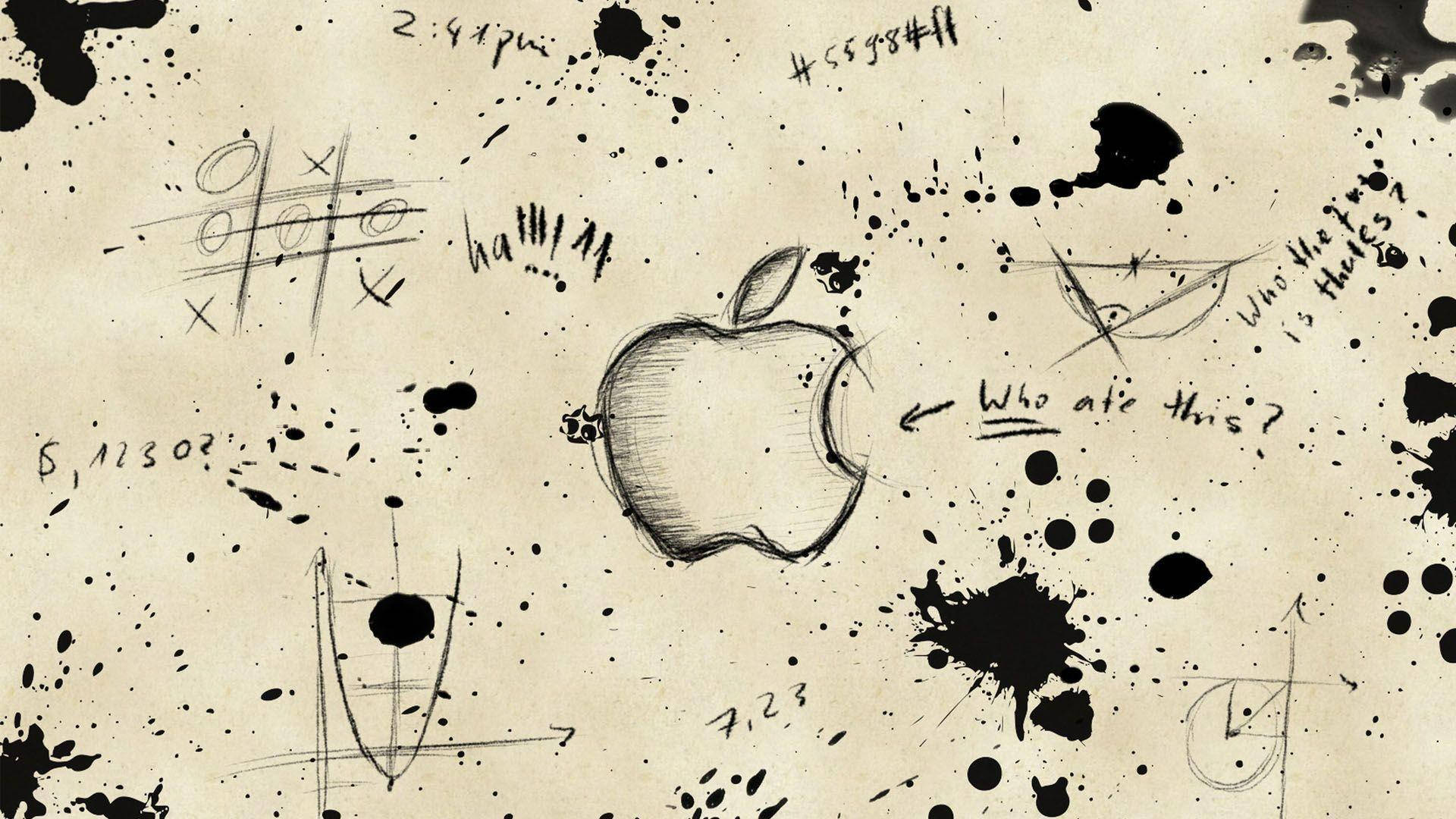 Cool HD 桌布 壁紙 — 一個手繪的Apple標誌，周圍環繞著混亂的墨水飛濺和潦草的方程式，位於陳舊的紙張上。