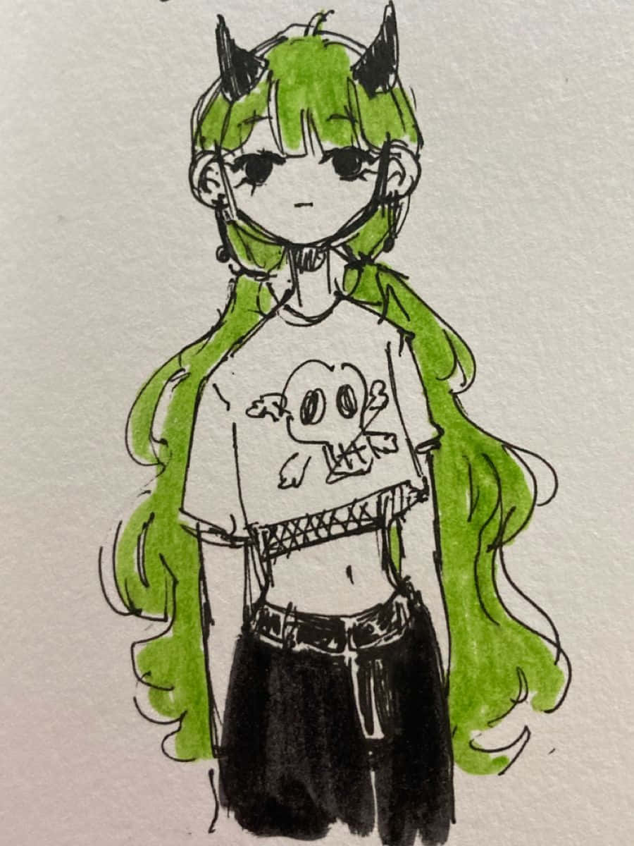 Grunge Cartoon 桌布 壁紙 — 一個手繪的動漫女孩，綠色頭髮和角，穿著骷髏T恤和黑色褲子，背景簡單。
