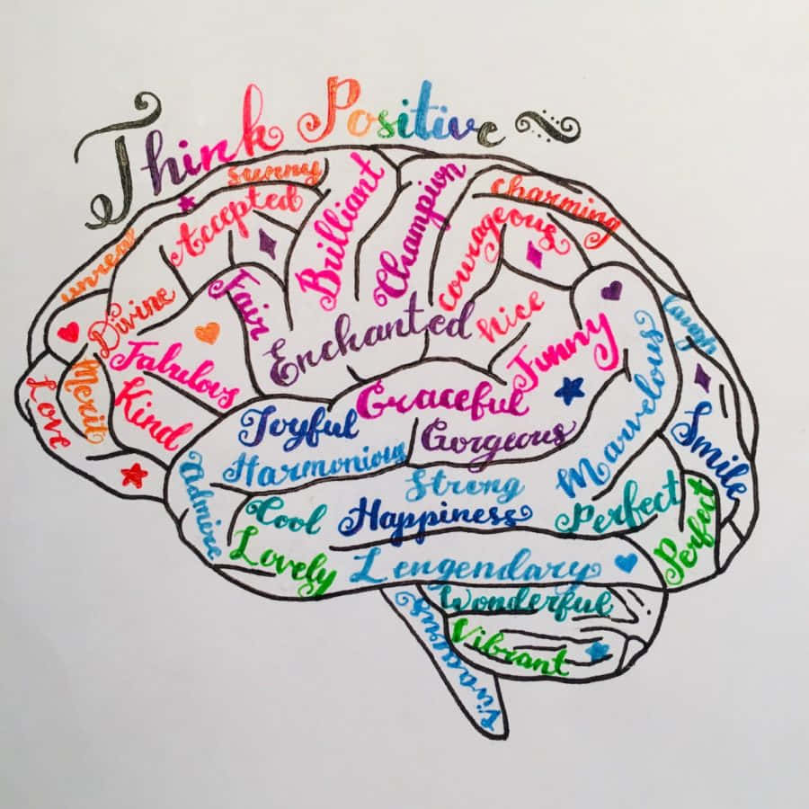 Brain 桌布 壁紙 — 一個手繪的大腦，充滿了色彩繽紛的正面肯定語，例如草書體的「Think Positive」和「Brilliant」。