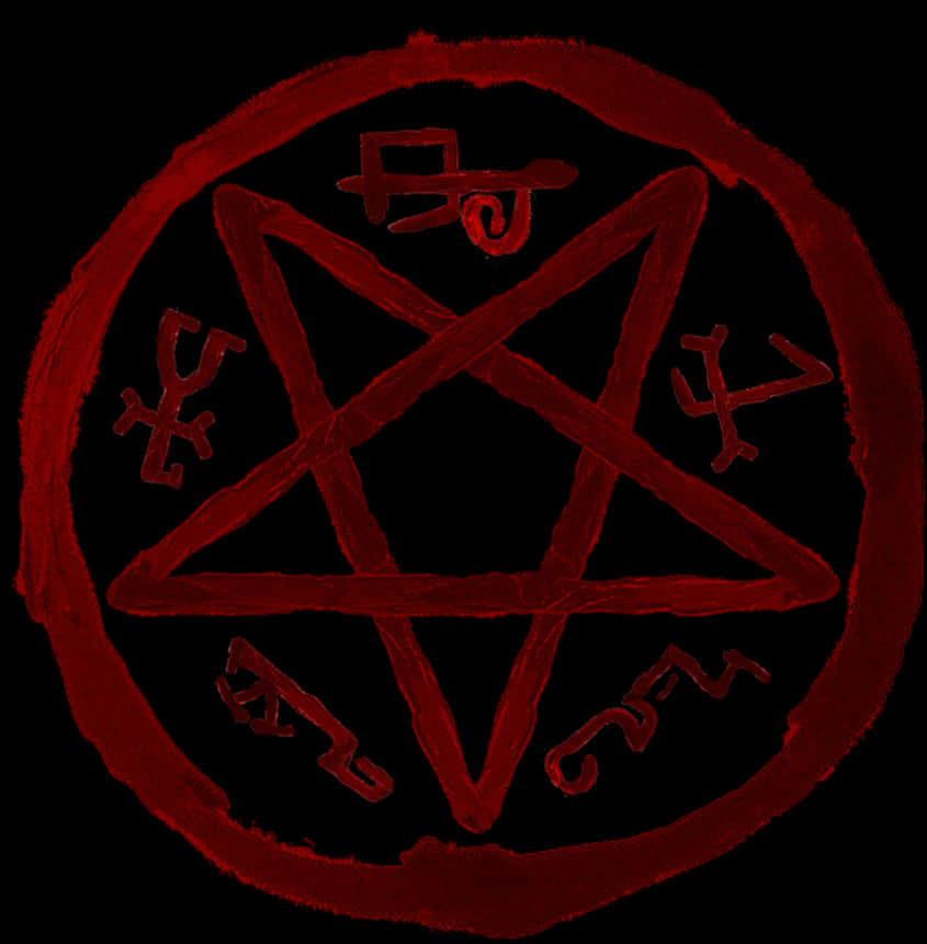 Pentagram 桌布 壁紙 — 一個手繪的紅色五角星，圓圈內有神秘符號，背景為黑色。