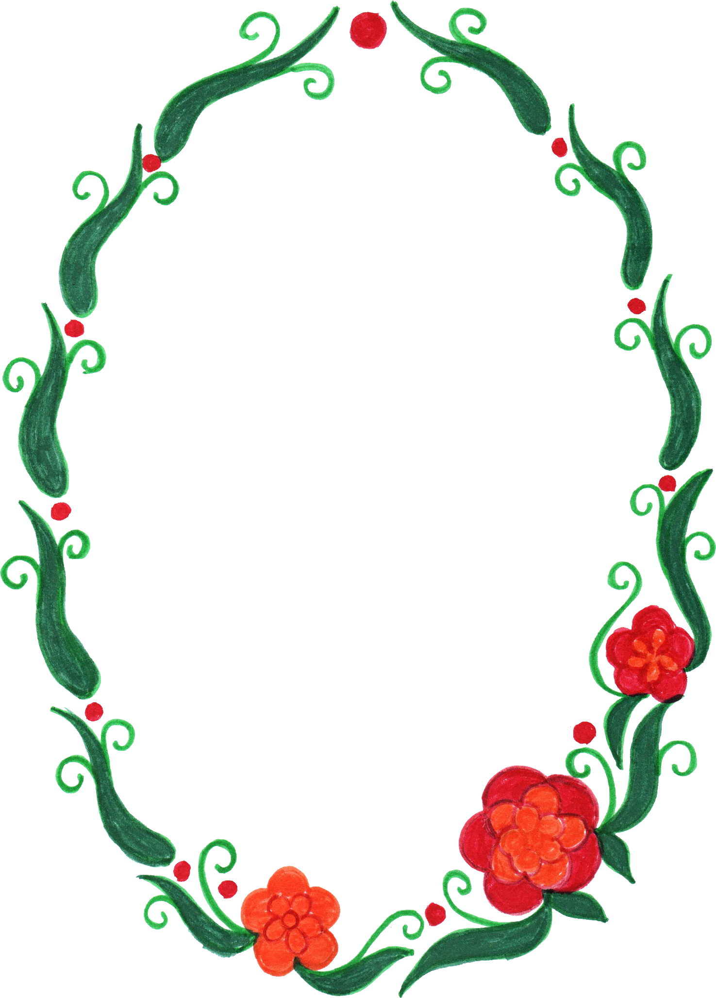 Red Flowers 桌布 壁紙 — 一個手繪的花環，由綠色藤蔓和紅色花朵組成，在黑色背景上形成橢圓形框架。
