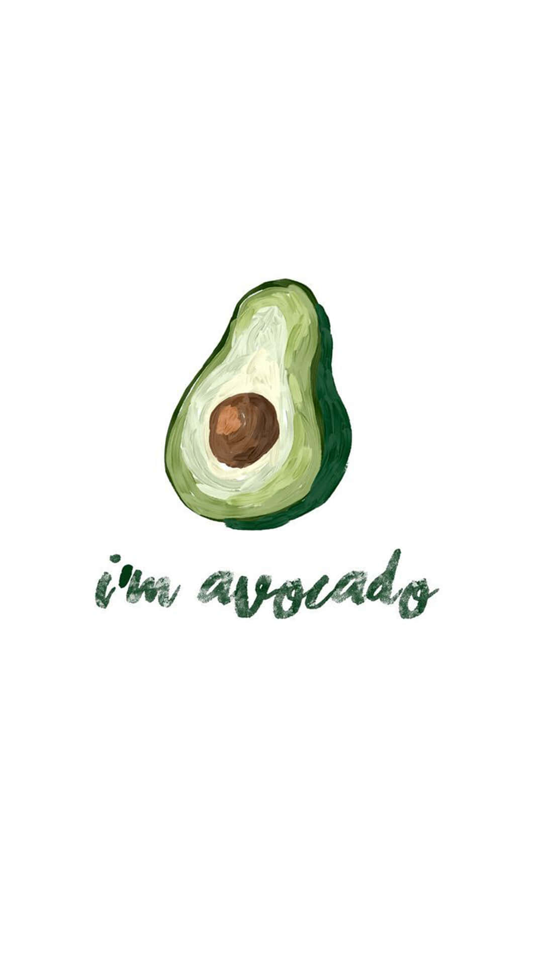 Cute Avocado 桌布 壁紙 — 一個手繪的酪梨半邊，帶有棕色果核，位於乾淨白色背景上手寫短語「i'm avocado」的上方。