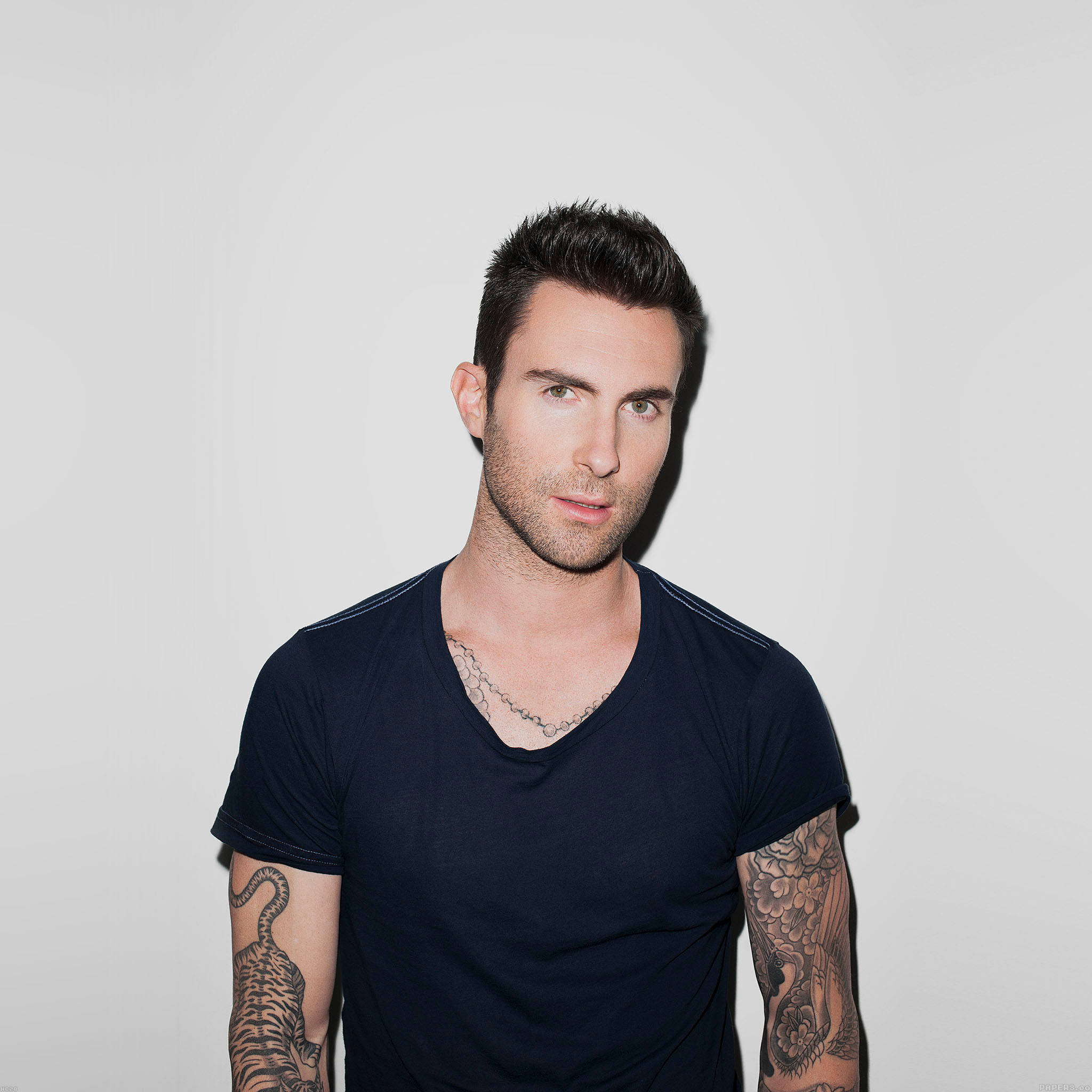 Adam Levine 桌布 壁紙 — 一個手臂和頸部有刺青的男人在純白色背景前直視鏡頭。
