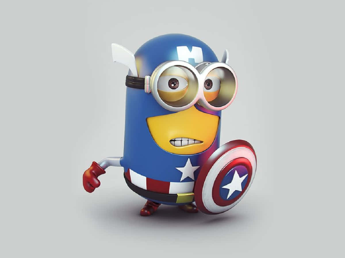 小黃人 桌布 壁紙 — 一個打扮成美國隊長的Minion，在純灰色背景前帶著堅定的笑容拿著他的盾牌。