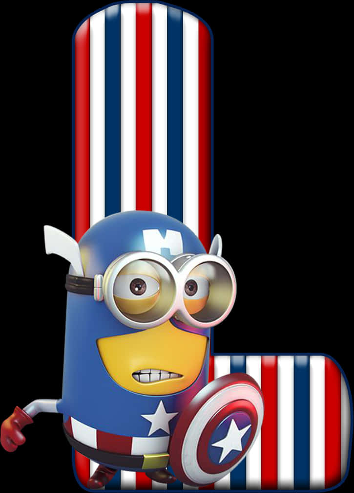 藝術 桌布 壁紙 — 一個打扮成美國隊長的Minion英雄般地站在紅白藍條紋背景前，手持他的盾牌。