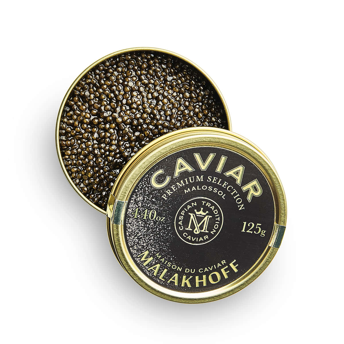 Black Caviar 桌布 壁紙 — 一個打開的奢華Malakhoff品牌魚子醬罐，在純白背景上展現閃亮黑色珍珠。
