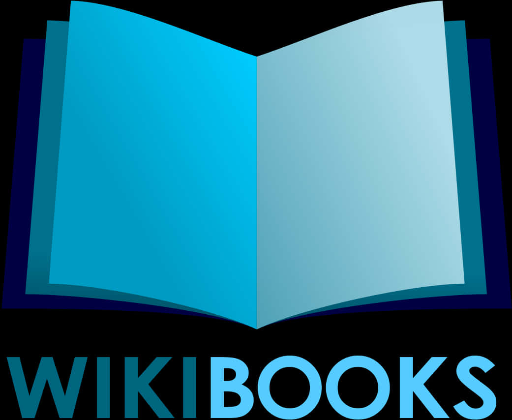 Logo Design 桌布 壁紙 — 一個打開的書本圖示，帶有漸層藍色頁面和深藍色書脊，黑色背景，下方有 'WIKIBOOKS' 文字。