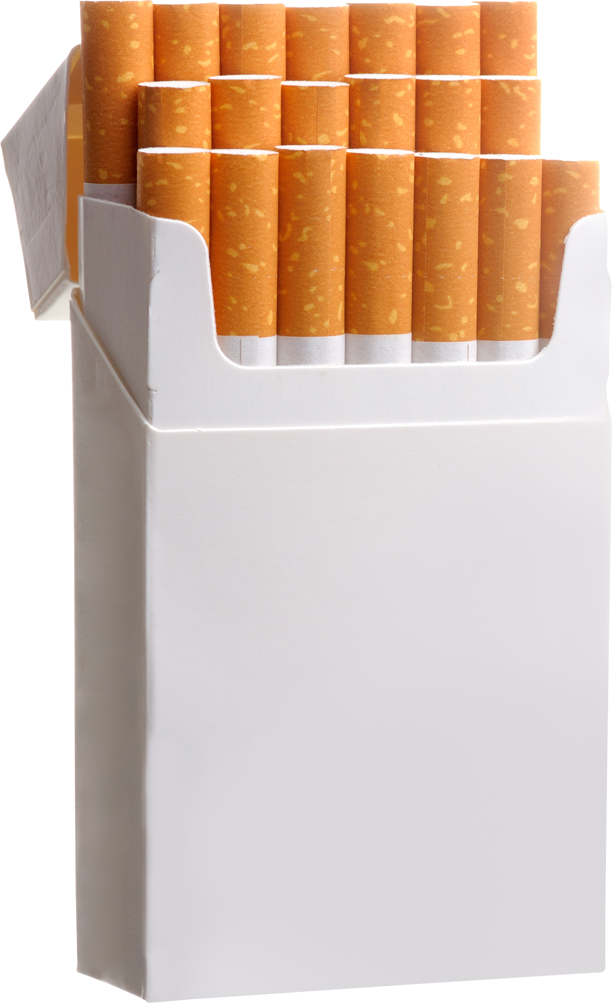 cigar 桌布 壁紙 — 一個打開的白色香煙包裝，裝滿了帶橙色濾嘴的香煙，背景為純色。