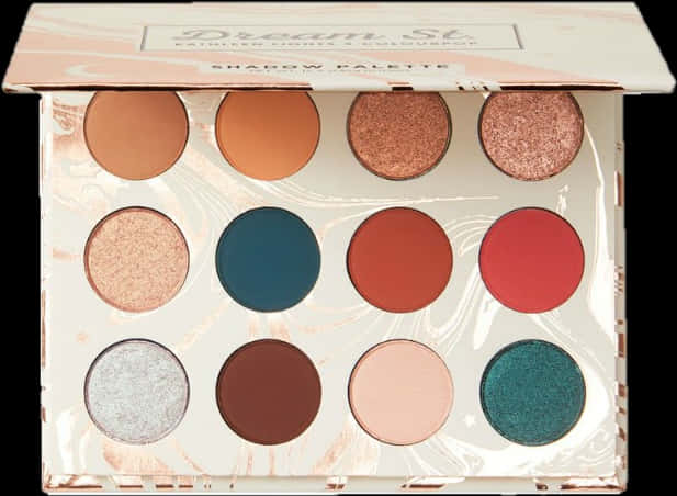 Makeup Kit 桌布 壁紙 — 一個打開的眼影盤，包含十二種閃粉和啞光色調，色調為溫暖的大地色和冷色金屬色。