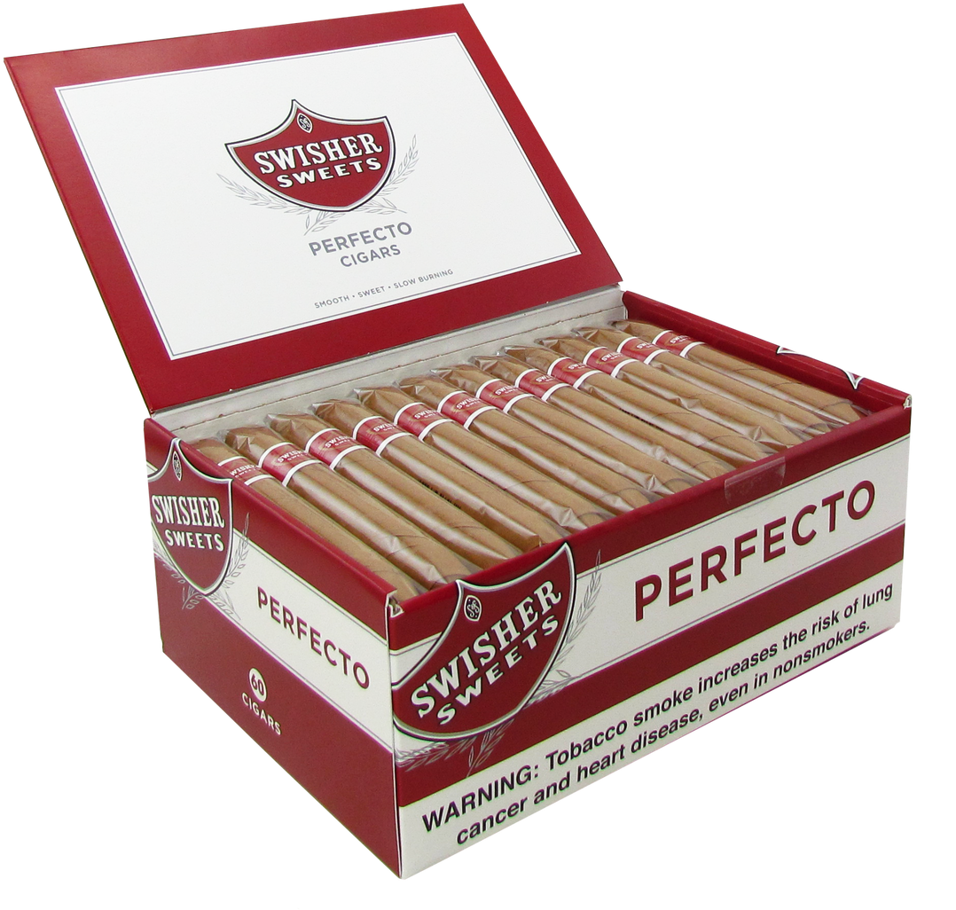 Tobacco 桌布 壁紙 — 一個打開的紅白相間的Swisher Sweets Perfecto雪茄盒，在純黑背景下展示整齊排列的棕色雪茄。