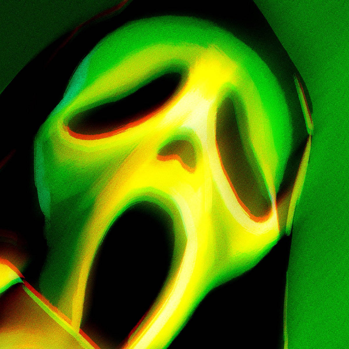 Ghostface 桌布 壁紙 — 一個扭曲尖叫的臉孔以螢光綠和黃色在黑暗背景中發光。