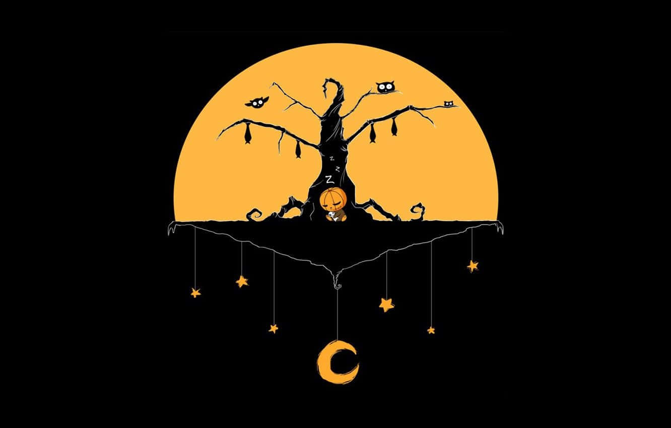 Minimalist Halloween 桌布 壁紙 — 一個扭曲的樹木剪影，帶有貓頭鷹和懸掛的星星，襯著一個大橙色月亮，氣氛詭異。