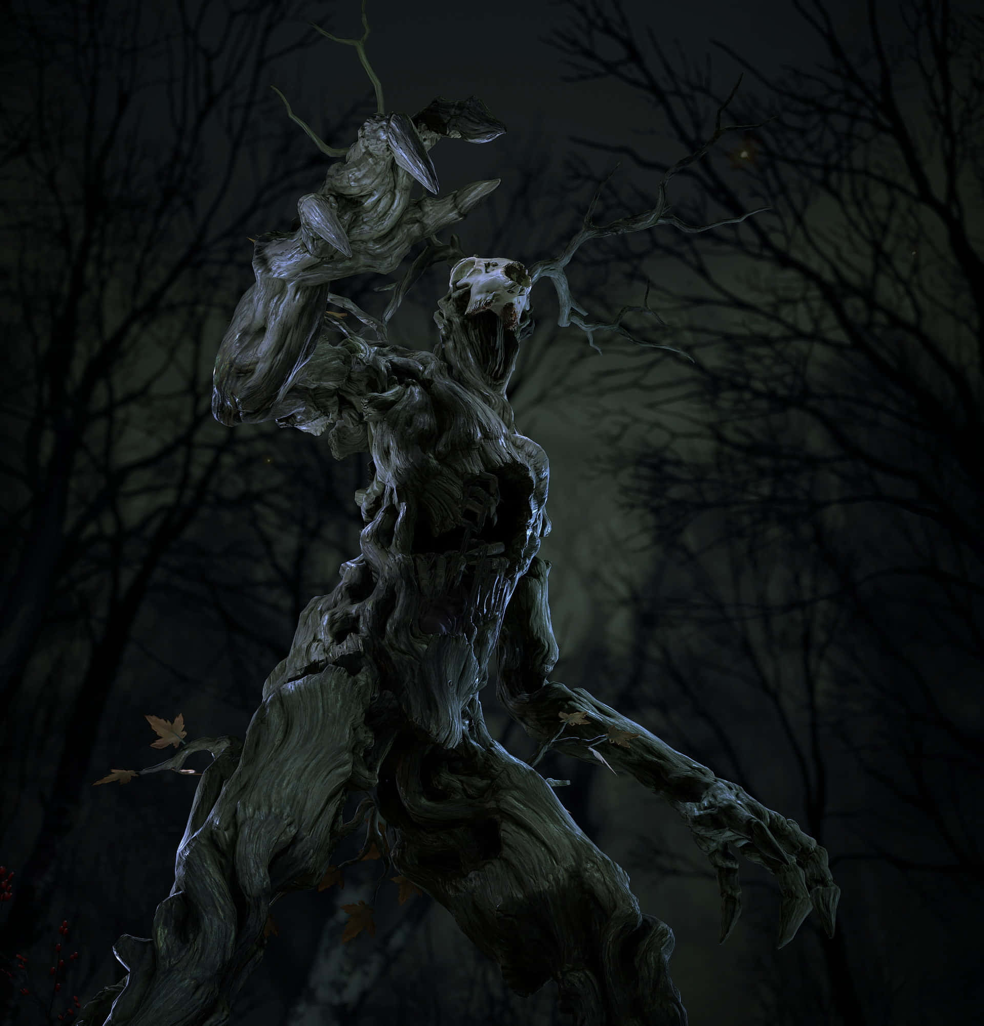 Dark Creature 桌布 壁紙 — 一個扭曲的樹精，有著多節的四肢和一個骷髏頭，在夜晚的黑暗森林中威脅地站立著。