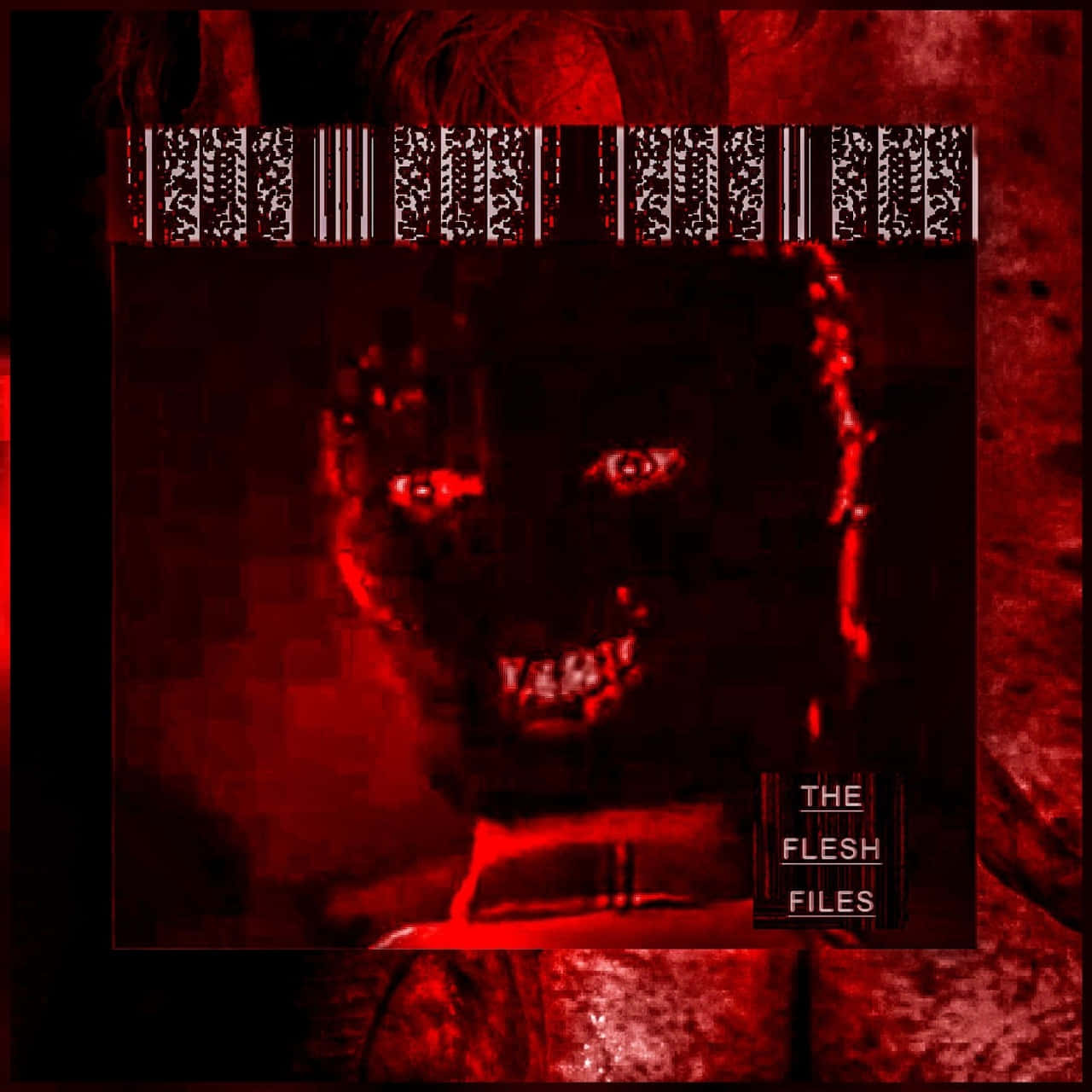 怪核 桌布 壁紙 — 一個扭曲的紅色調面孔，帶有發光的眼睛和牙齒，透過一個故障的條碼疊加層凝視。
