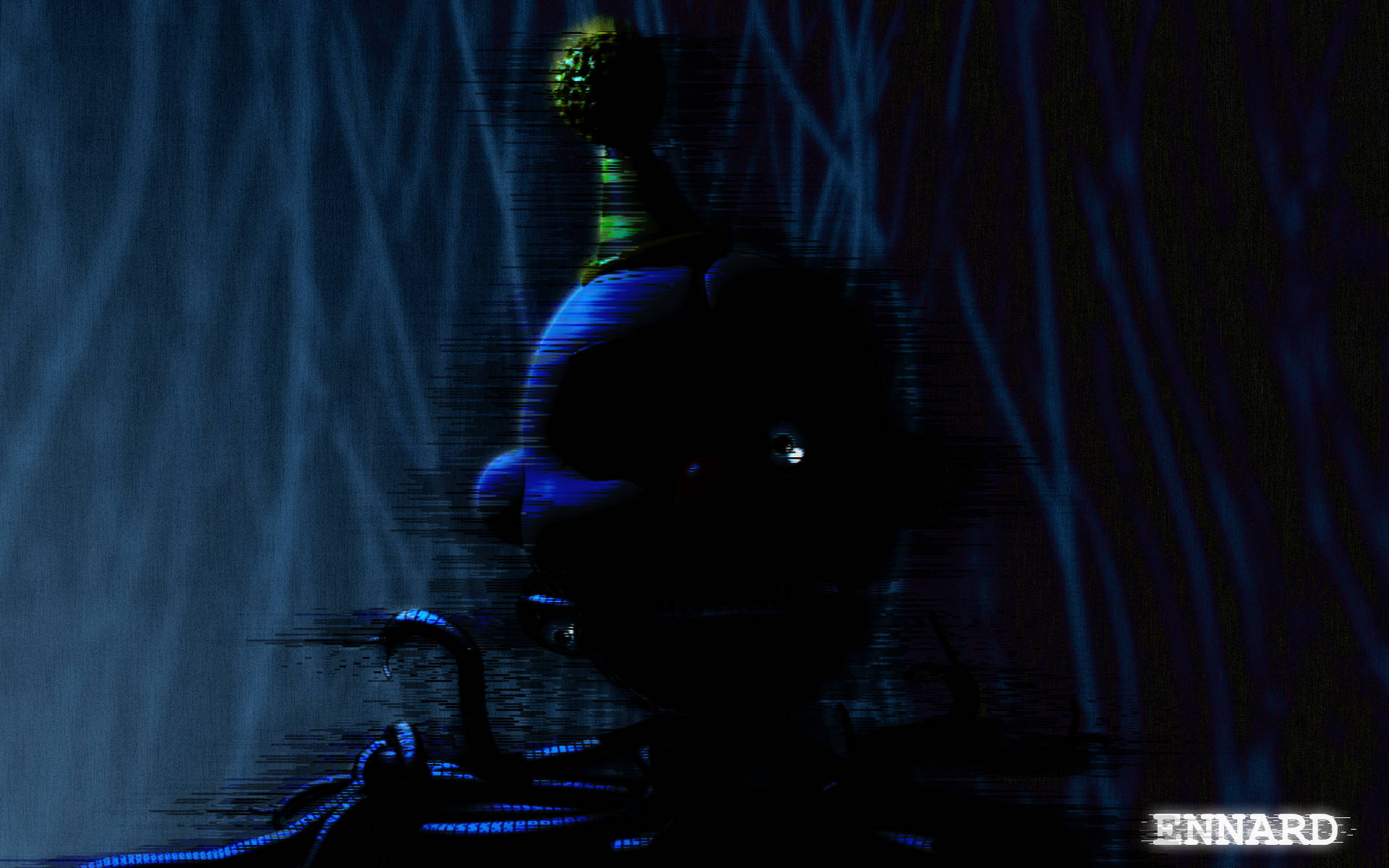 Ennard 桌布 壁紙 — 一個扭曲的電子動畫人物在黑暗、雨水濕滑的背景下發出詭異的藍光。