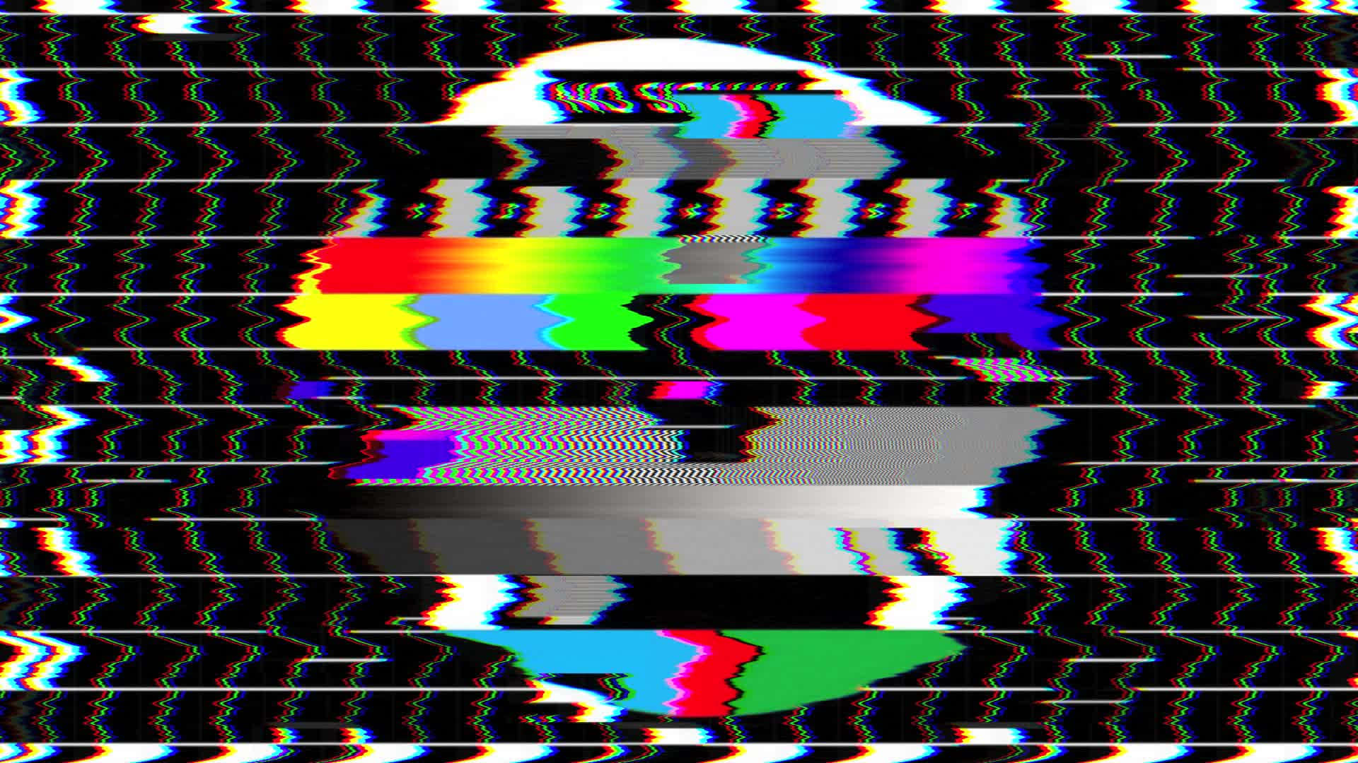 Glitch Effect 桌布 壁紙 — 一個扭曲的電視螢幕在黑色背景上顯示帶有故障效果的彩虹條和靜態噪聲。