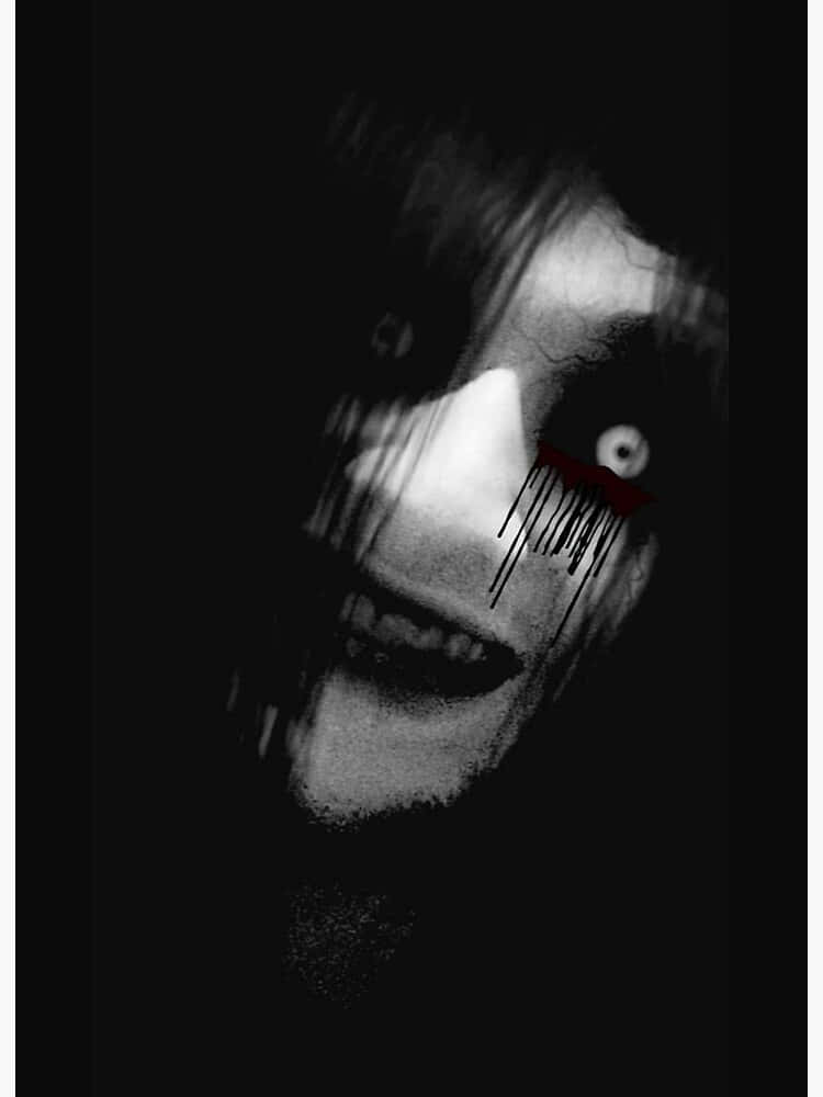 Creepy Halloween 桌布 壁紙 — 一個扭曲的鬼臉，一隻眼睛在黑色背景上流著紅色血痕。