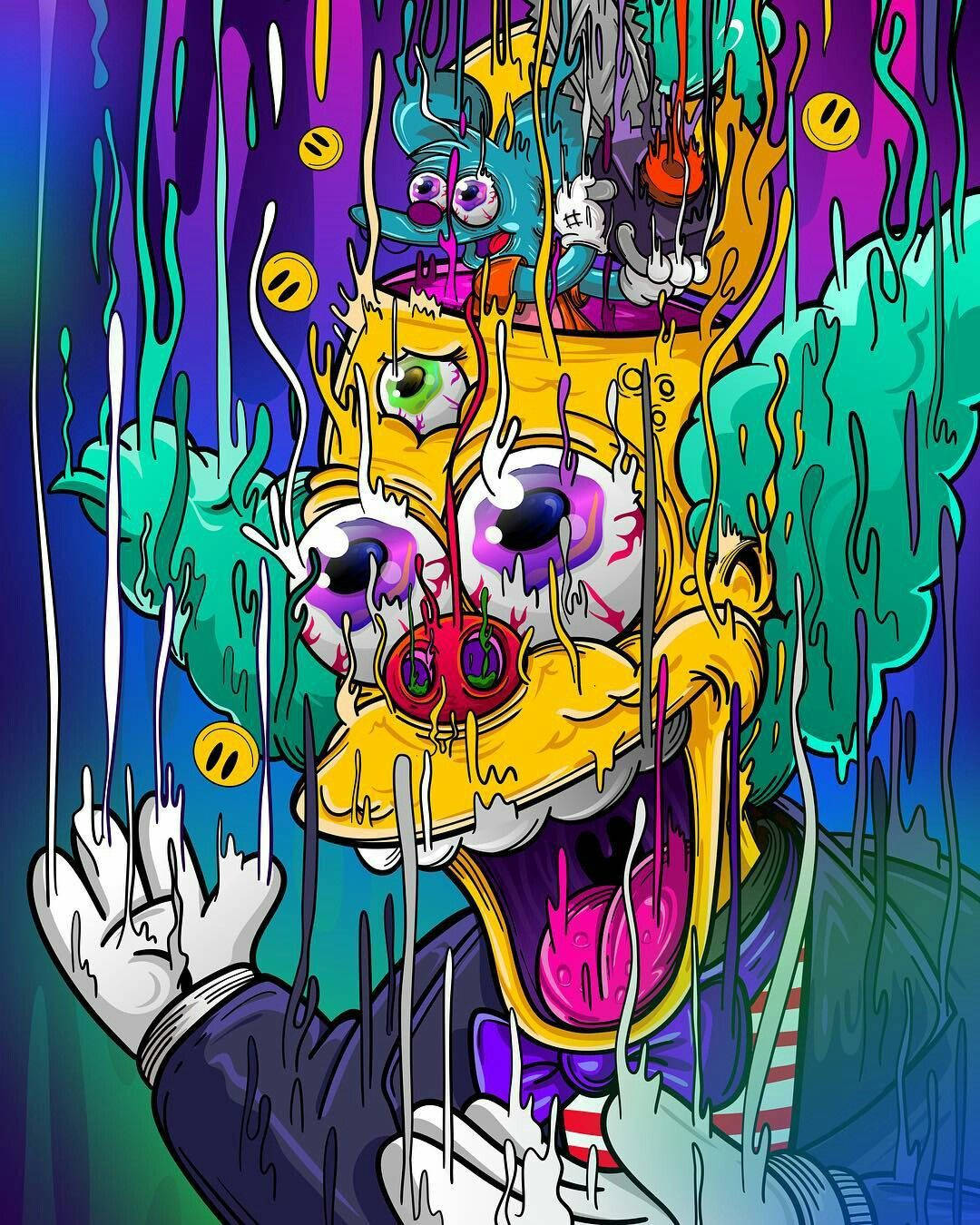 Trippy Cartoon 桌布 壁紙 — 一個扭曲的黃色卡通角色，具有融化特徵和滴落的油漆，呈現鮮豔的迷幻色彩。