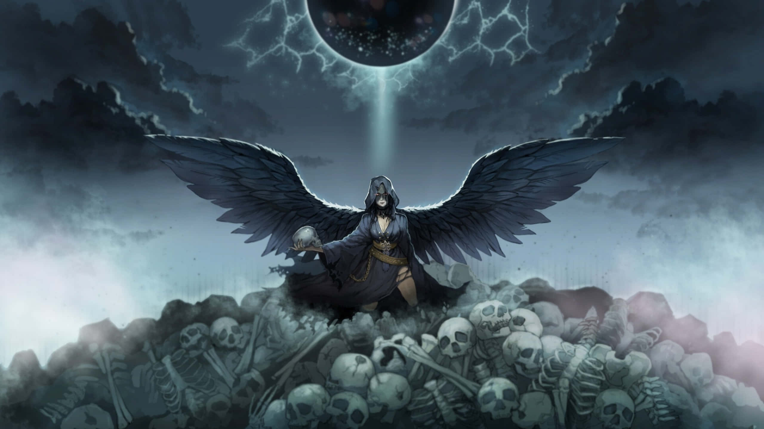 angels 桌布 壁紙 — 一個披著斗篷、有翅膀的身影站在一堆頭骨之上，下方是風暴天空，上方有發光的天體球體。