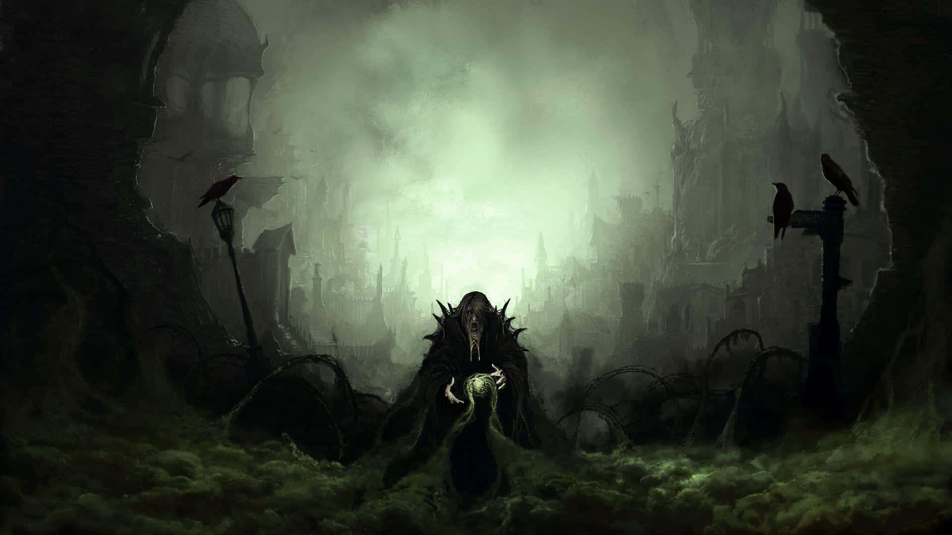 Wizardry 桌布 壁紙 — 一個披著斗篷、雙手發光的身影站在迷霧廢墟中，烏鴉棲息在破碎的柱子上，籠罩在詭異的綠光下。