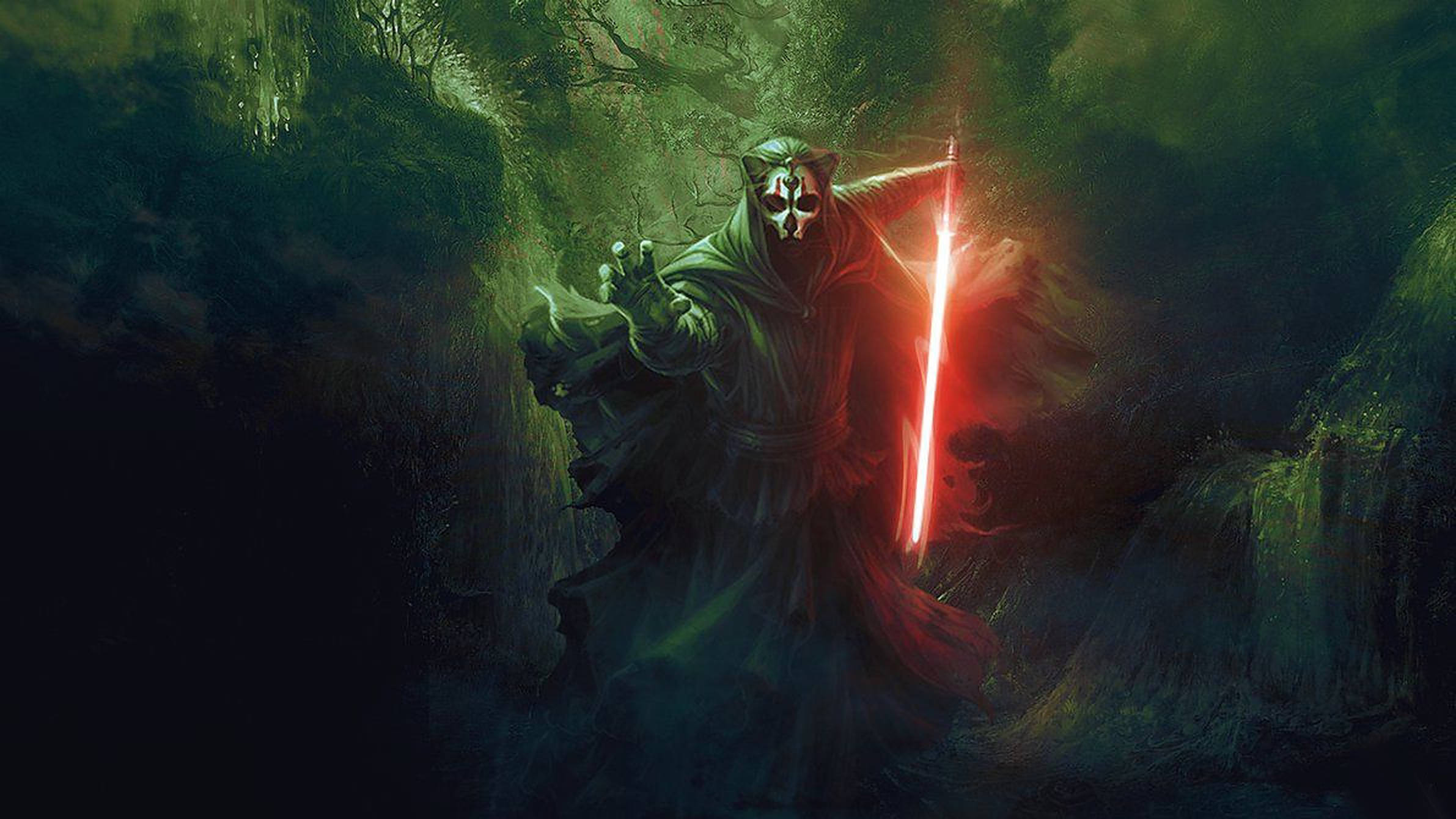 Darth Nihilus 桌布 壁紙 — 一個披著斗篷戴面具的人物在黑暗迷霧森林中揮舞著發光的紅色光劍，伴隨著詭異的綠色燈光。