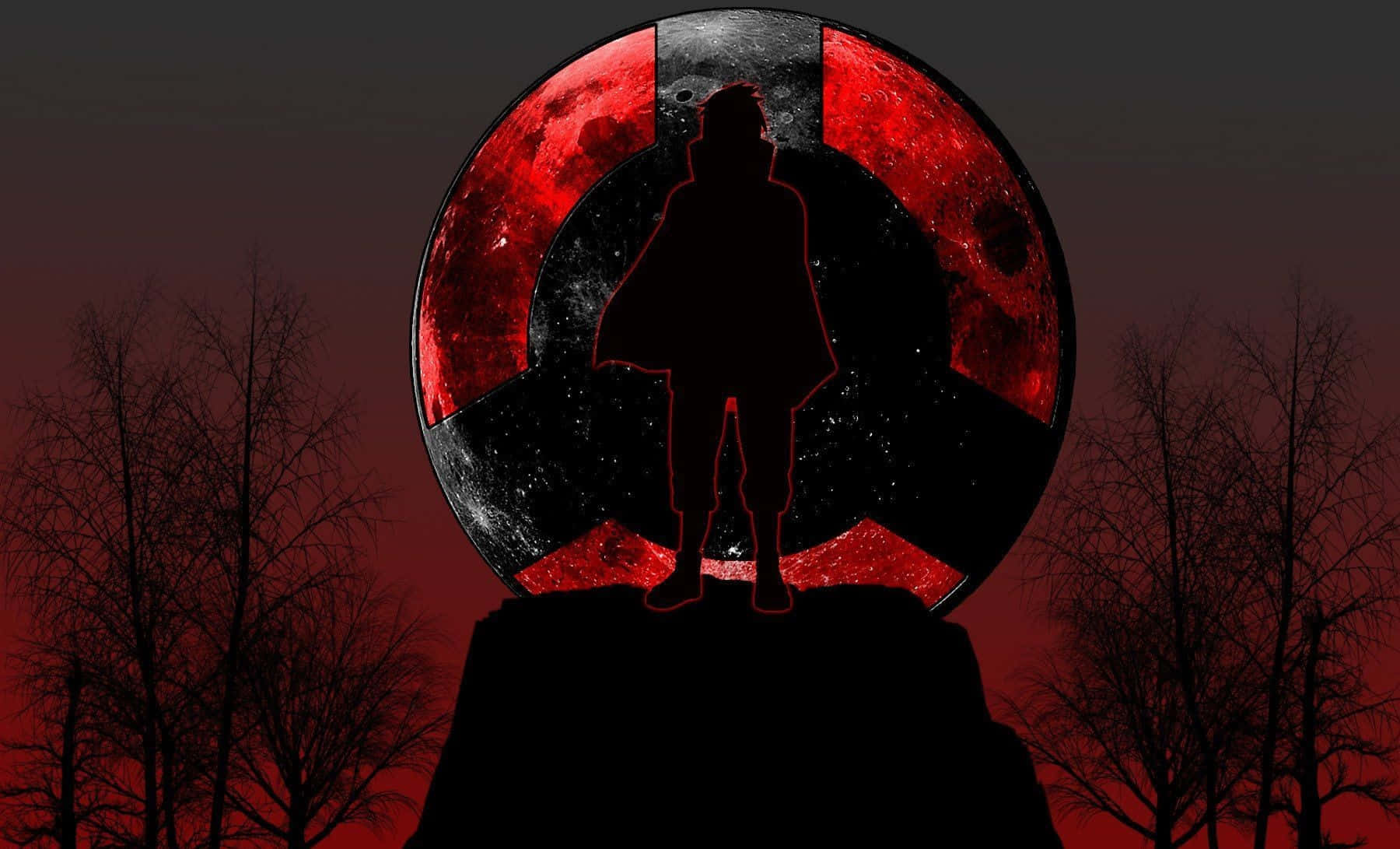 Izuna Uchiha 桌布 壁紙 — 一個披著斗篷的人影剪影站在懸崖頂上，面前是一輪帶有黑色螺旋圖案的巨大紅月。