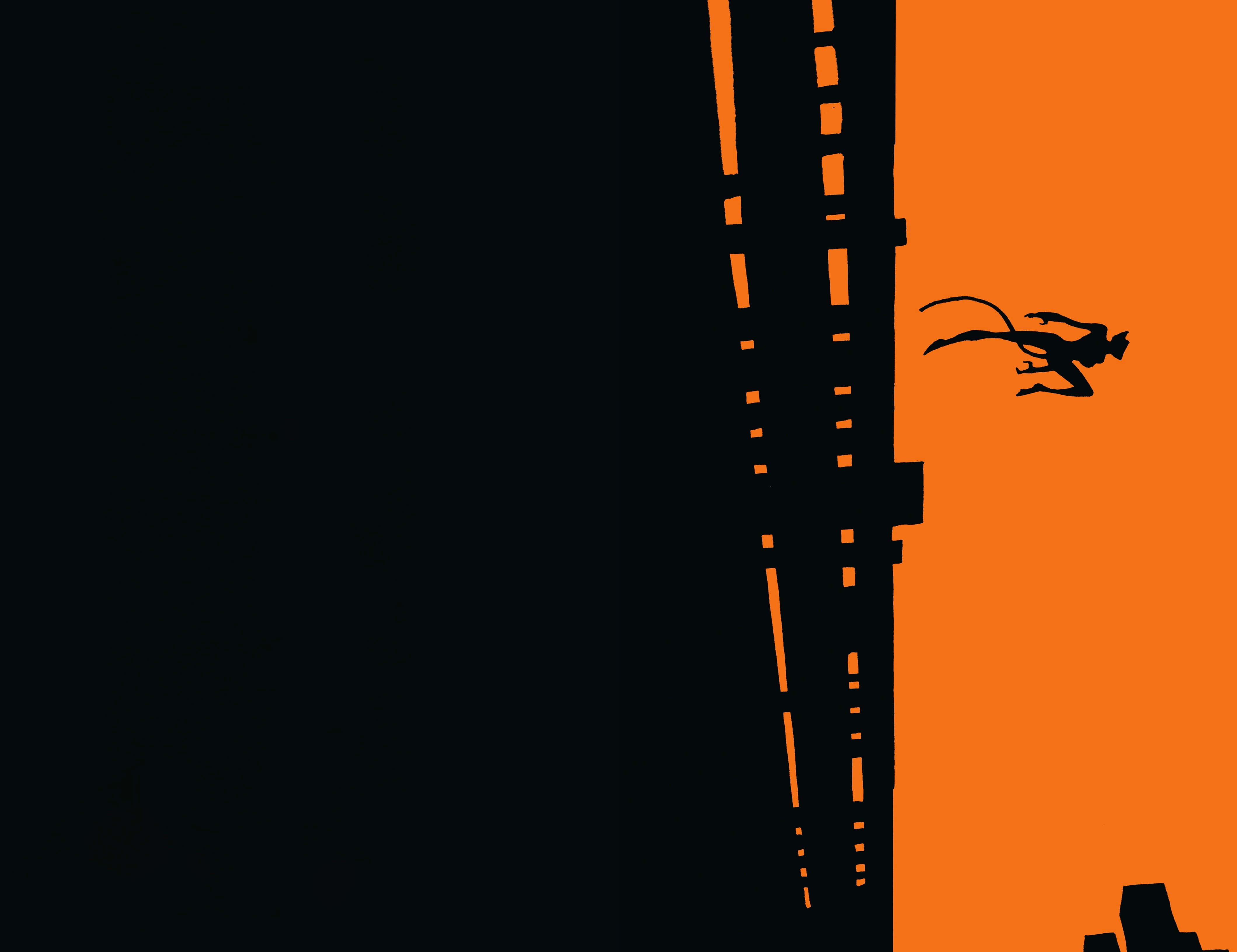 Batman The Long Halloween 桌布 壁紙 — 一個披著斗篷的人物黑色剪影從摩天大樓躍下，映襯著充滿活力的橙色天空。