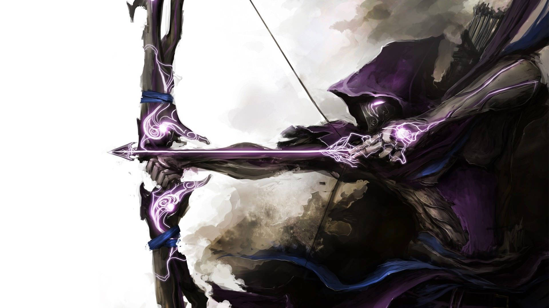 Archery 桌布 壁紙 — 一個披著斗篷的弓箭手在暴風雨的天空下拉開一把發光的紫色弓，閃電沿著箭矢劈啪作響。
