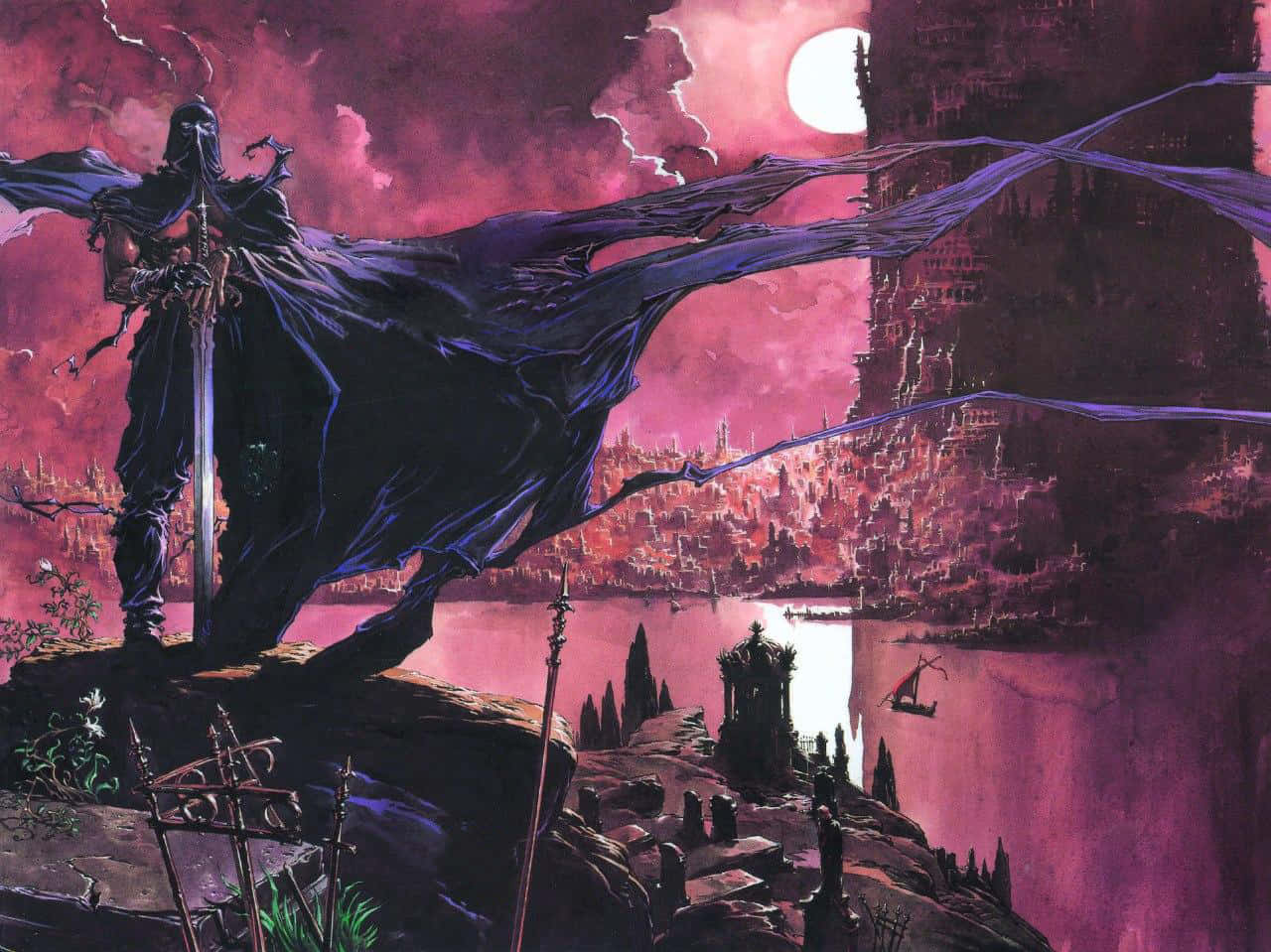 Cover Art 桌布 壁紙 — 一個披著斗篷的戰士站在懸崖頂上，俯瞰著在紫色雲朵和發光月亮下的深紅色城市。