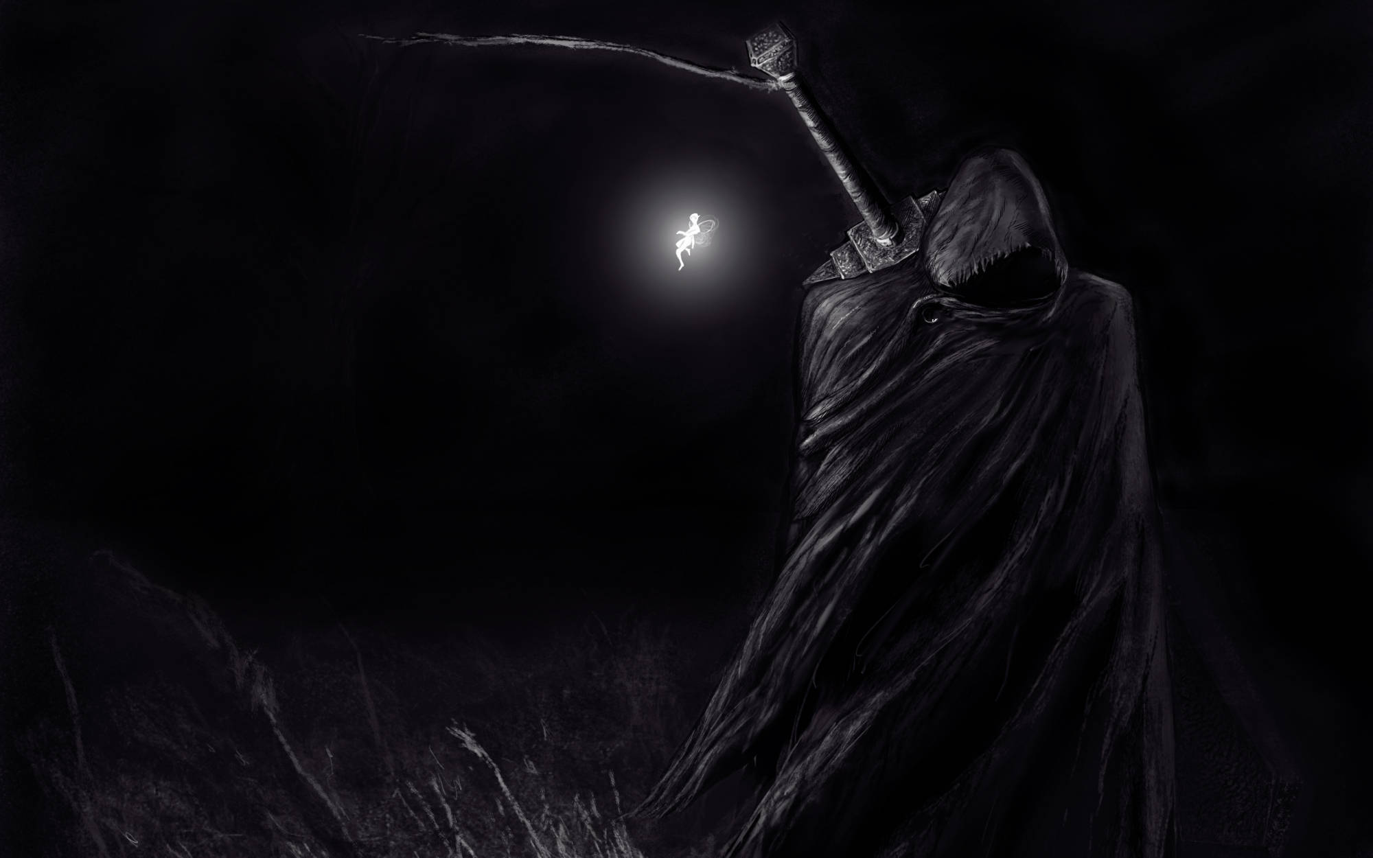 Berserk Guts 桌布 壁紙 — 一個披著斗篷的死神拿著鐮刀，在黑暗陰影的風景中籠罩著一個發光的仙女。