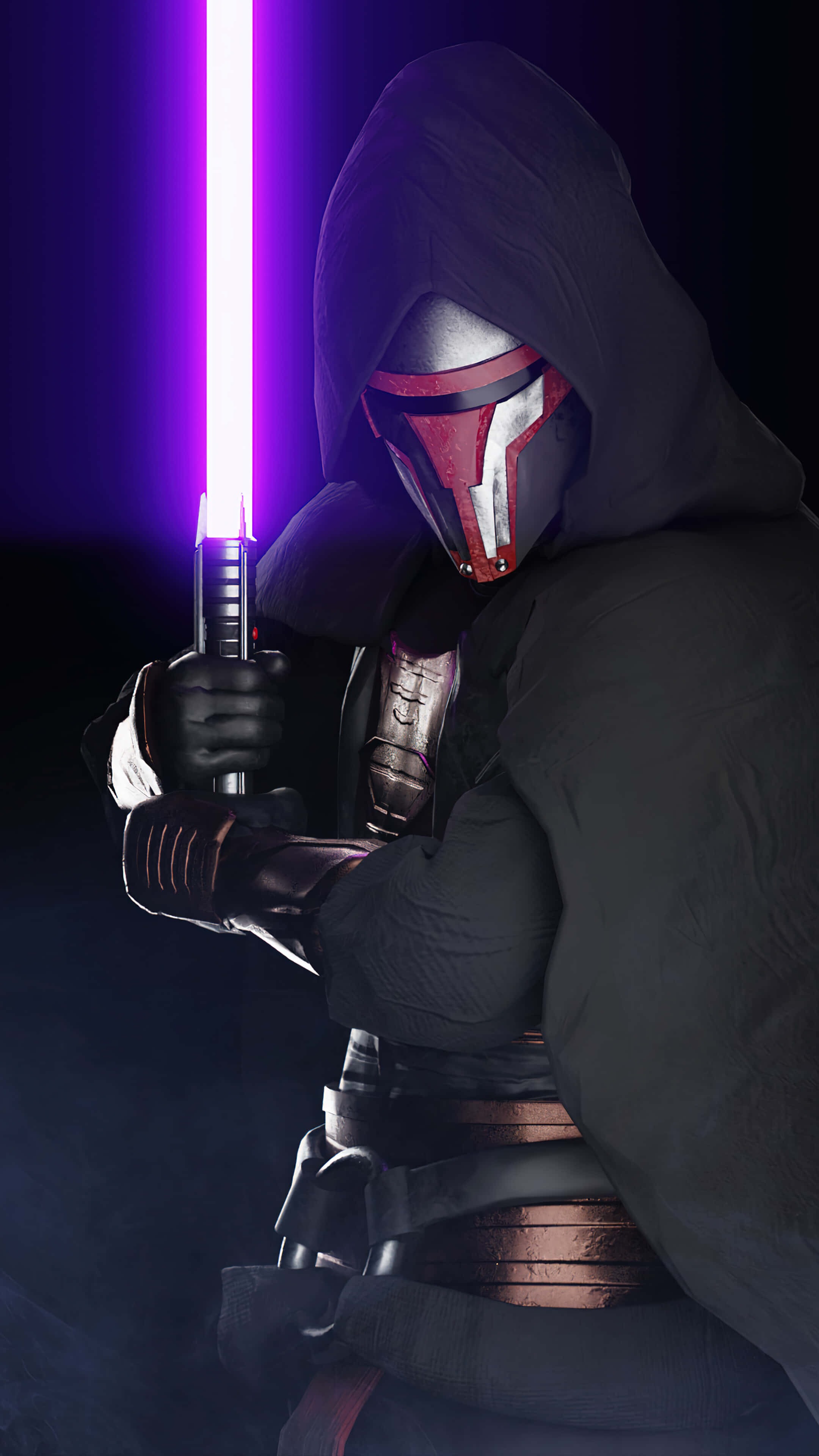 Darth Revan 4K 桌布 壁紙 — 一個披著斗篷的蒙面戰士在黑暗背景下手持發光的紫色光劍。