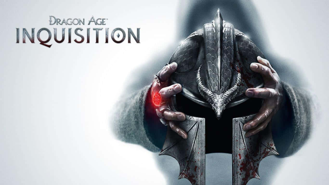 Best Dragon Age Inquisition 桌布 壁紙 — 一個披著斗篷的身影，在純白背景前，手持一個龍頭骨頭盔，頭盔上有發光的紅色眼睛和沾血的刀刃。