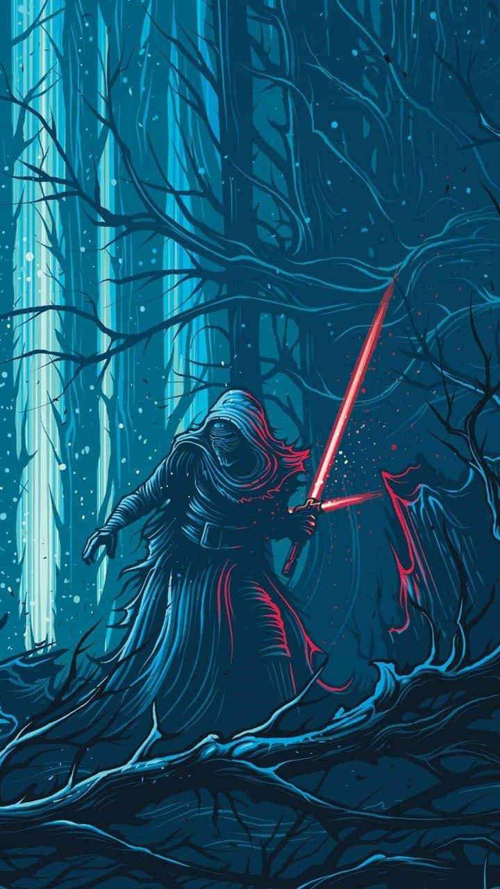 the force awakens 桌布 壁紙 — 一個披著斗篷的身影在深藍色的森林中揮舞著紅色光劍，周圍是光禿的樹木和飄落的雪。