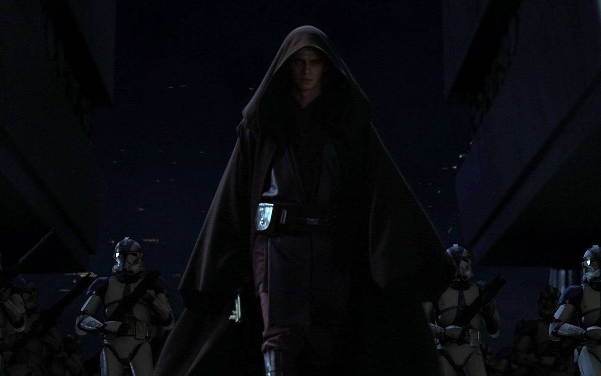Sith 桌布 壁紙 — 一個披著斗篷的身影在黑暗中莊嚴地站立，兩側是身穿裝甲的士兵，背景是星空。