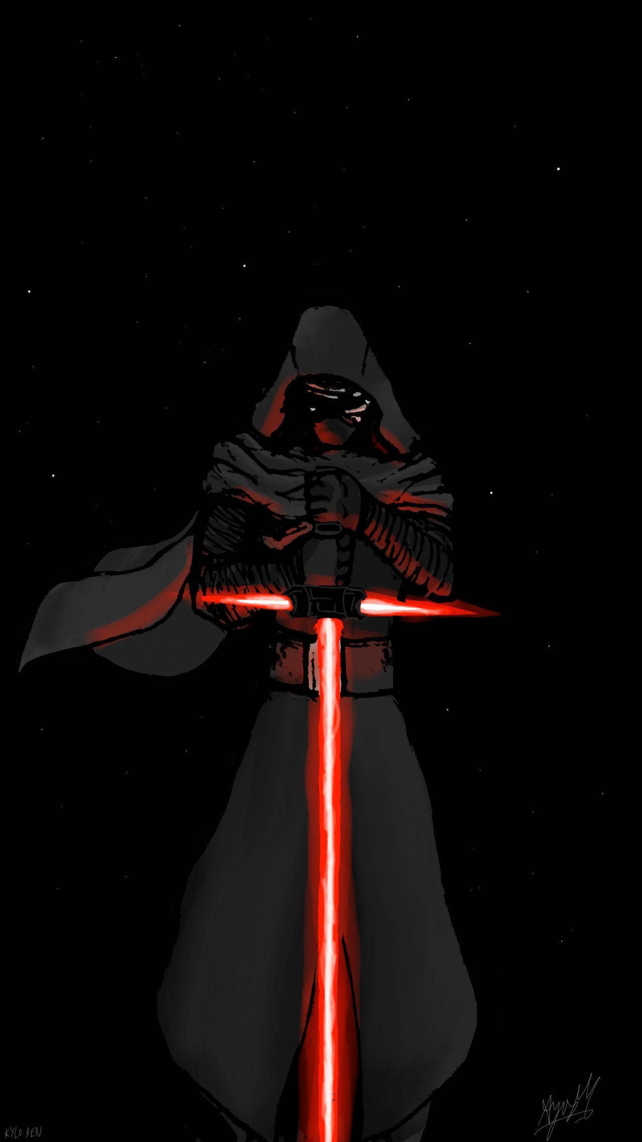 Kylo Ren 桌布 壁紙 — 一個披著斗篷的身影手持紅色光劍，站在繁星點點的黑色虛空中，發光的紅色劍刃照亮了他們戴著兜帽的身形。